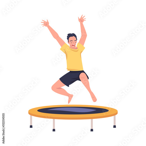 Cheerful Man Character Jumping and Bouncing on Trampoline Engaged in Recreational Activity Vector Illustration