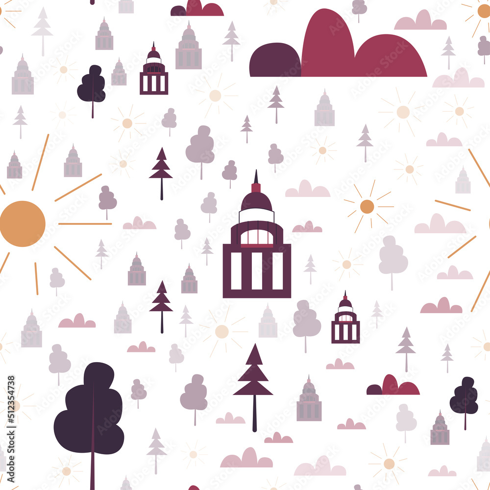 Fototapeta premium Seamless vector pattern with capitol building, tree, spruce, sun, clouds on white background. Washington landscape. Texture for wallpaper, postcard, fabric, wrapping paper