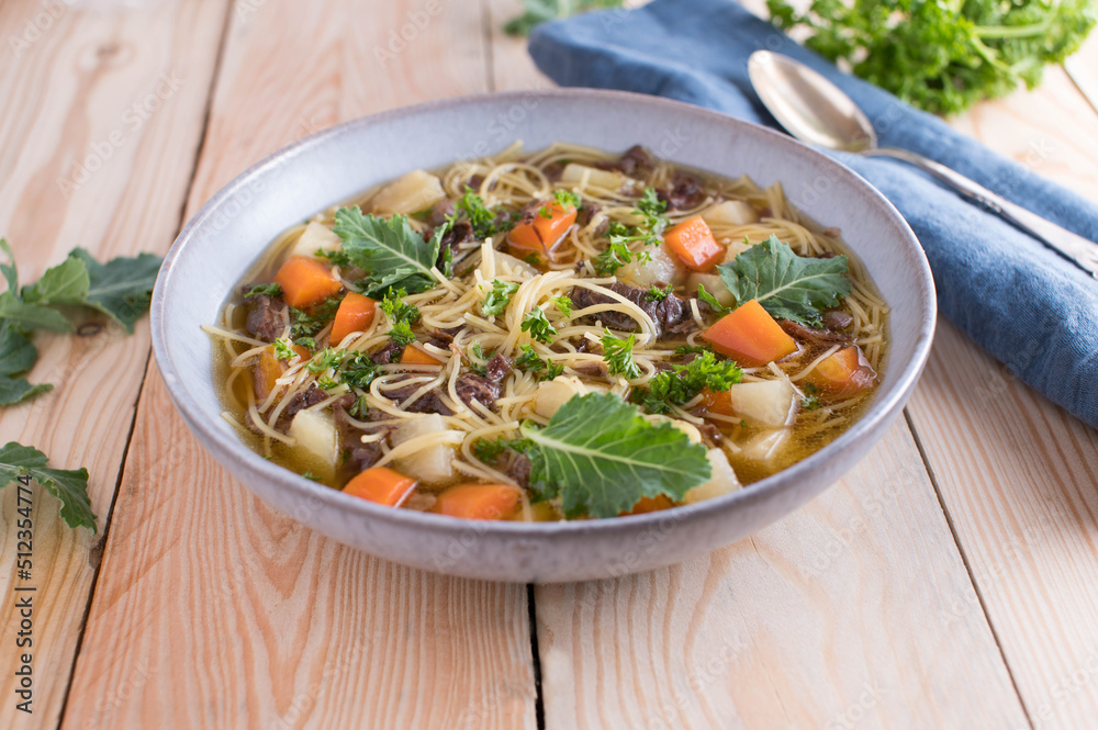 Bowl of fresh cooked beef noodle soup