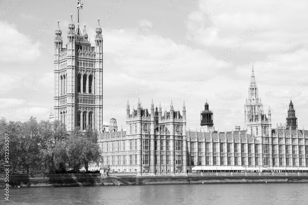 London Westminster Palace. Black and white photo vintage style.