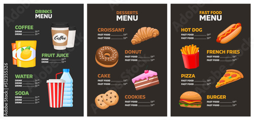 Fast food restaurant vector menu template on black background. Set of different fast foods, desserts and drinks in cartoon style. Burger, pizza, donut, french fries, hot dog, water, juice, coffee.