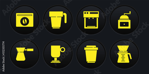 Set Coffee turk, Manual coffee grinder, Irish, cup to go, machine, Pour over maker and Bag beans icon. Vector