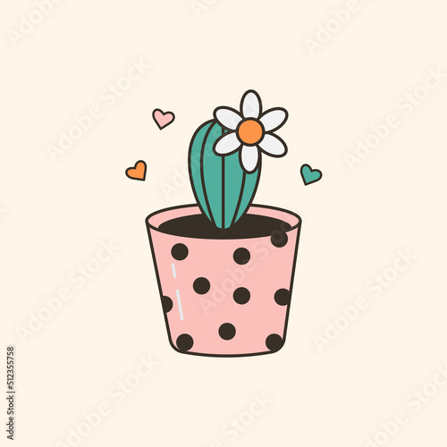 Fototapeta Naklejka Na Ścianę i Meble -  Vector illustration of cute potted plant. Cartoon table decor with hearts. Small office cactus. Trendy oldschool icon