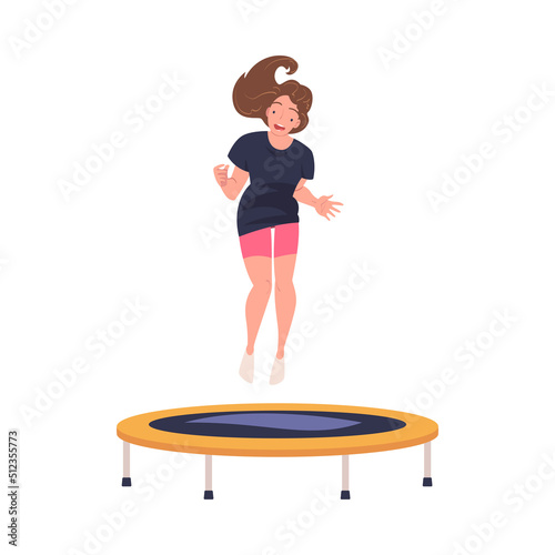 Excited Woman Character Jumping and Bouncing on Trampoline Engaged in Recreational Activity Vector Illustration