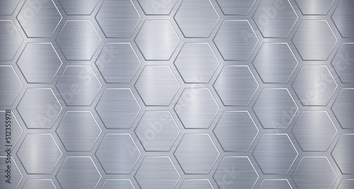 Abstract metallic background in light blue colors with highlights and a big voluminous convex hexagonal plates