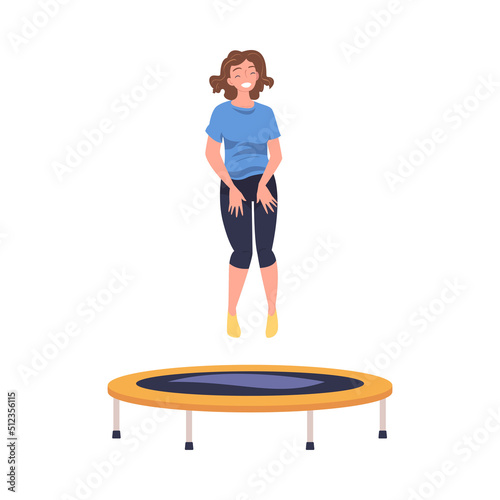 Excited Woman Character Jumping and Bouncing on Trampoline Engaged in Recreational Activity Vector Illustration