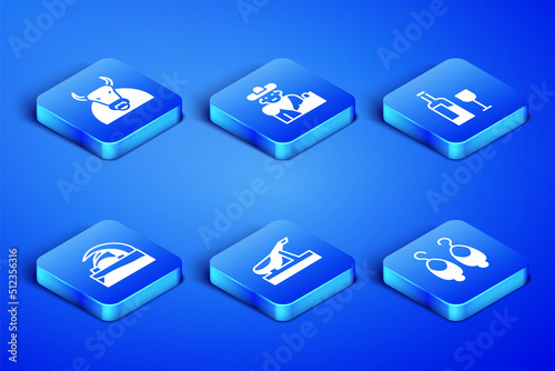 Set Earrings, Bull, Spanish jamon, Concert hall de Tenerife, Bullfight, matador and Wine bottle with glass icon. Vector