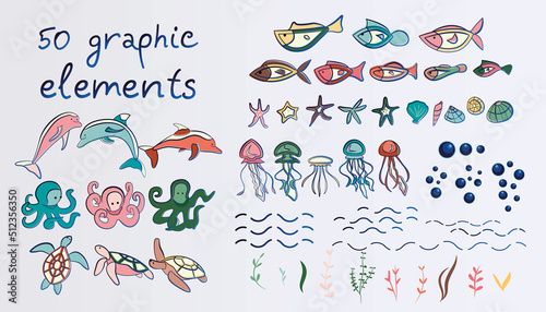 Big set with sea creatures and small elements for your design