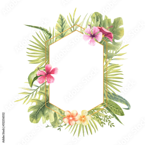 Vector illustration of a hexagonal frame with tropical plants. Monster, banana leaves, hibiscus, etc. Floral watercolor. For the design of greeting cards, invitations