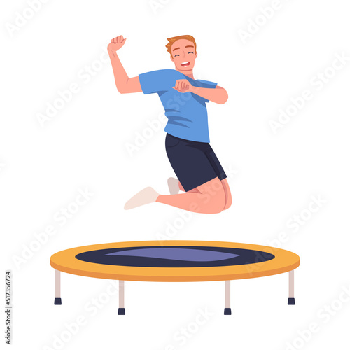 Cheerful Man Character Jumping and Bouncing on Trampoline Engaged in Recreational Activity Vector Illustration