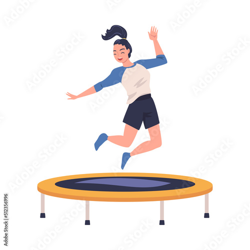 Excited Woman Character Jumping and Bouncing on Trampoline Engaged in Recreational Activity Vector Illustration
