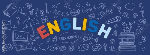 English language learning concept vector illustration. Doodle of foreign language education course.