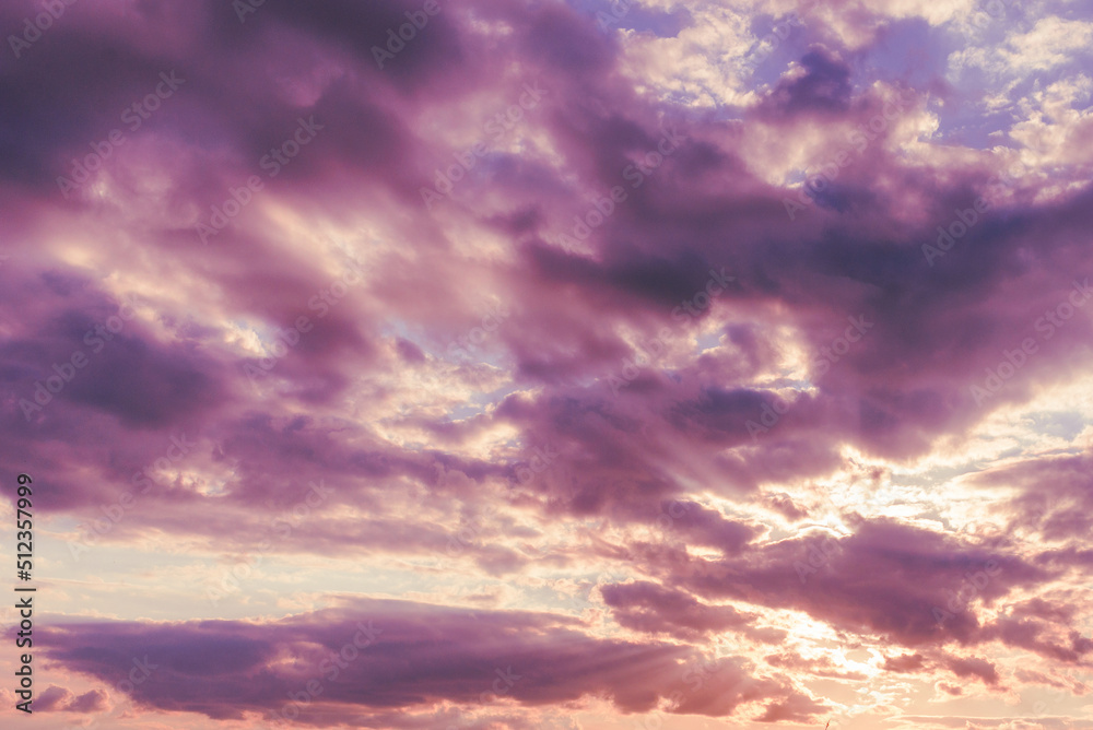 Dramatic sunset sky with burning purple clouds. Beautiful nature fluffy violet cloud background.