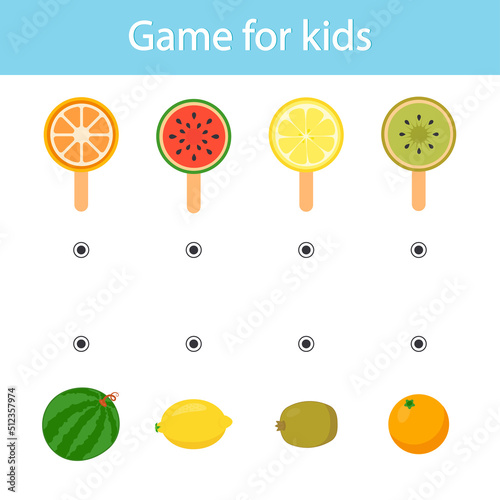 Logic game for kids. Ice cream. What is made of. Vetor illustration. Printable sheet