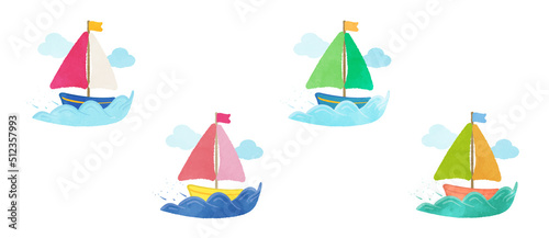  Illustration set of a cute yacht running on the waves