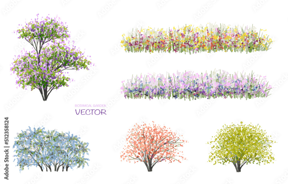 Vector watercolor blooming flower tree or forest side view isolated on white background for landscape and architecture drawing,elements for environment or and garden,botanical element for section 