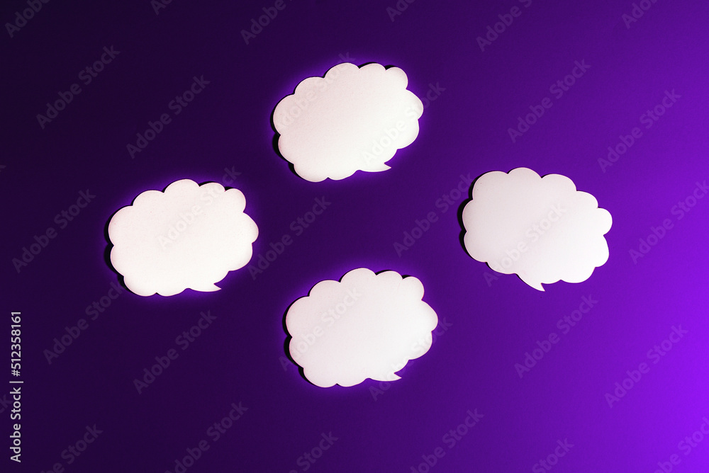 Empty speech four clouds chat mockup for text on purple ,veri peri color background.copy space. Empty speech four clouds chat mockup for text on purple ,veri peri color background.copy space.
