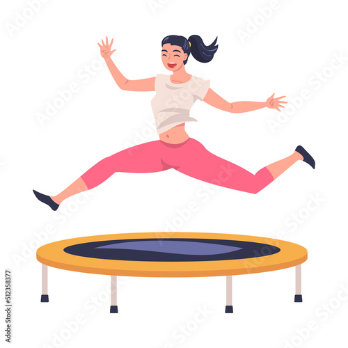 Excited Woman Character Jumping and Bouncing on Trampoline Engaged in Recreational Activity Vector Illustration
