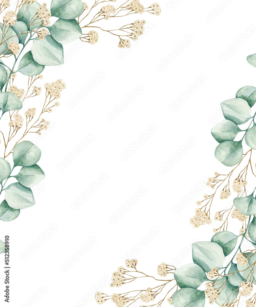 Watercolor illustration card with eucalyptus white flowers frame. Isolated on white background. Hand drawn clipart. Perfect for card, postcard, tags, invitation, printing, wrapping.