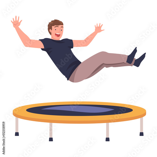 Cheerful Man Character Jumping and Bouncing on Trampoline Engaged in Recreational Activity Vector Illustration