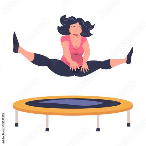 Excited Woman Character Jumping and Bouncing on Trampoline Engaged in Recreational Activity Vector Illustration