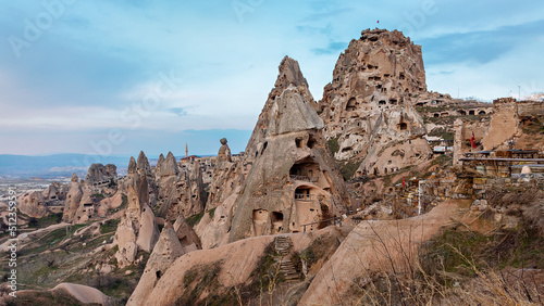 View of the city and Ortahisar castle  old houses in the rocks. Cappadocia. province of Nevsehir. Turkey