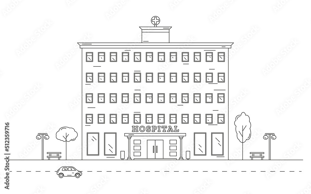 Landscape with a hospital building drawn with contour lines on a white background. Editable stroke. Energy saving. Eco energy. Vector illustration in line art style.