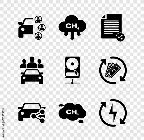 Set Car sharing, Methane emissions reduction, Share file, , and Recharging icon. Vector