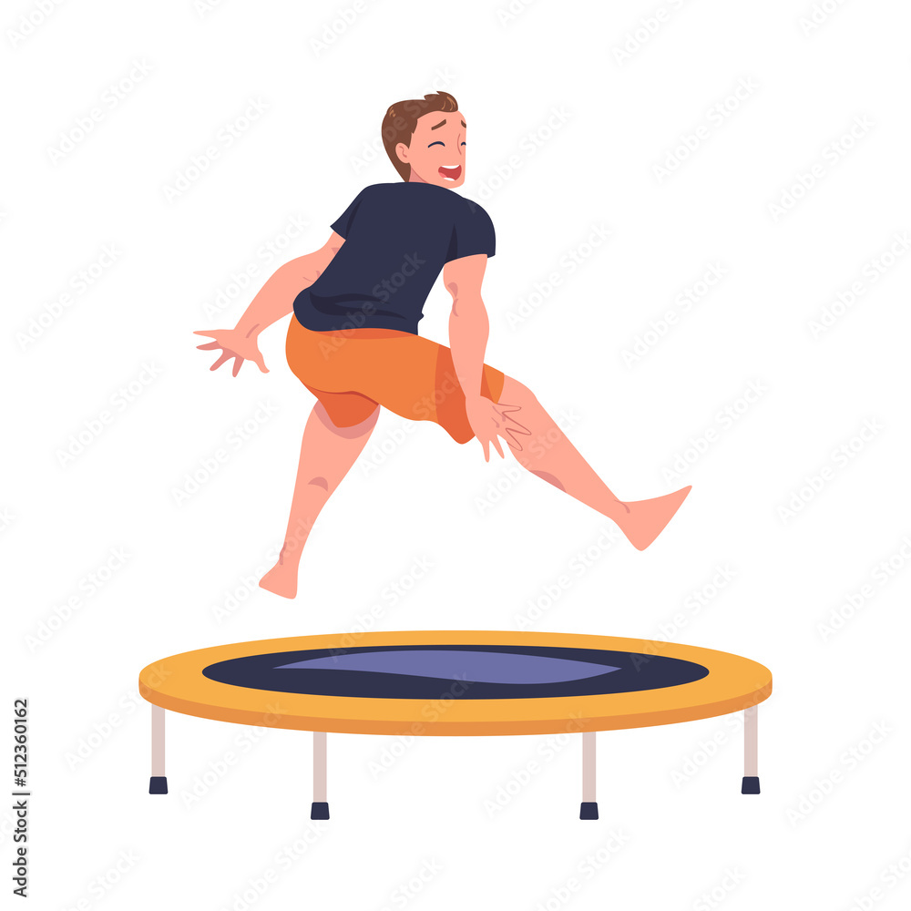 Obraz premium Cheerful Man Character Jumping and Bouncing on Trampoline Engaged in Recreational Activity Vector Illustration
