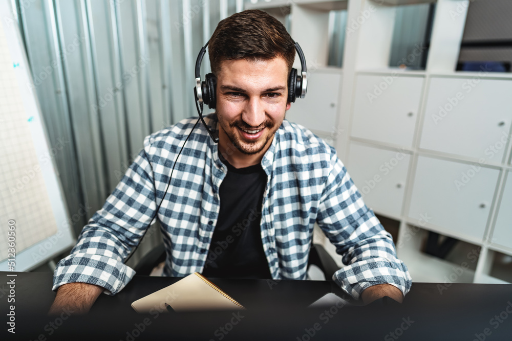 Customer service support operator man with headphones and microphone talking to client in call center Customer service support operator man with headphones and microphone talking to client in call center