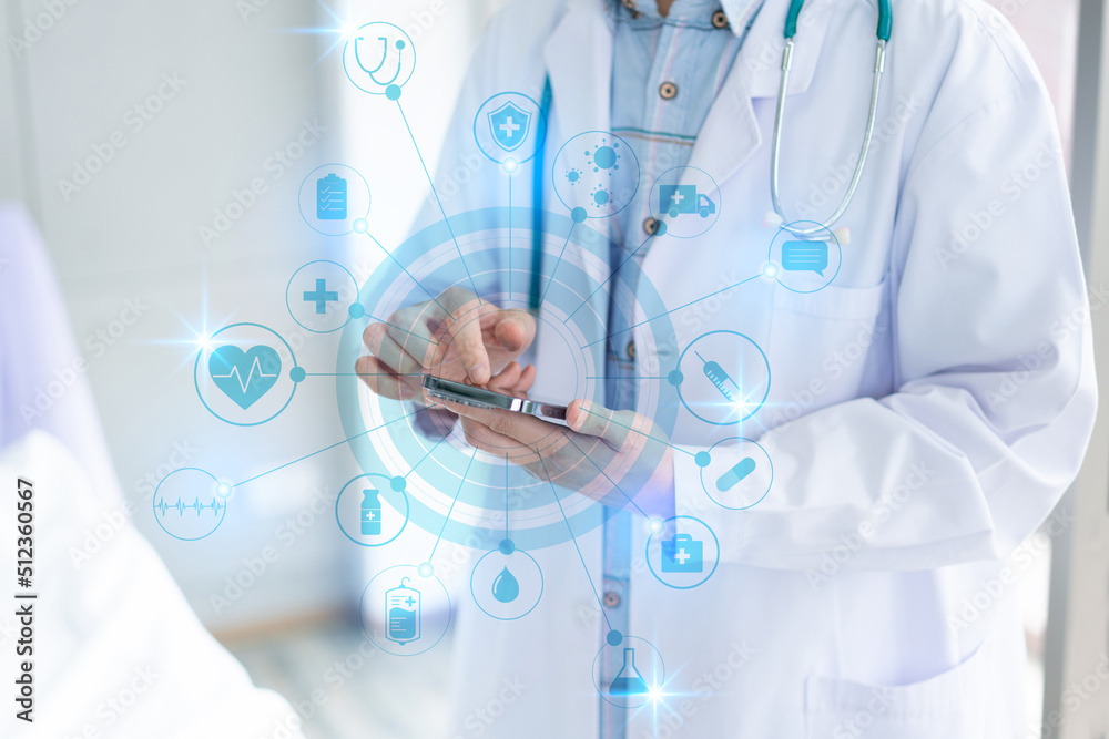 Doctor hand touching smartphone for connection with modern virtual screen interface, medical technology or Telemedicine Doctor hand touching smartphone for connection with modern virtual screen interface, medical technology or Telemedicine