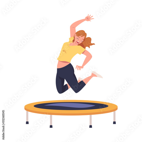 Excited Woman Character Jumping and Bouncing on Trampoline Engaged in Recreational Activity Vector Illustration