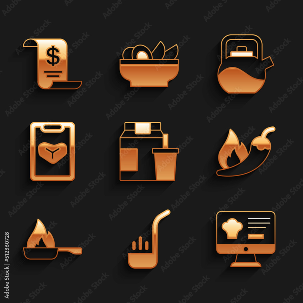 Set Online ordering and delivery, Kitchen ladle, Hot chili pepper pod, Frying pan, Restaurant cafe menu, Kettle with handle and Paper financial check icon. Vector Set Online ordering and delivery, Kitchen ladle, Hot chili pepper pod, Frying pan, Restaurant cafe menu, Kettle with handle and Paper financial check icon. Vector