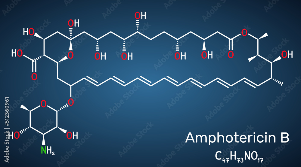 Amphotericin B molecule. It is antifungal used to treat fungal infections. Structural chemical on the dark blue background