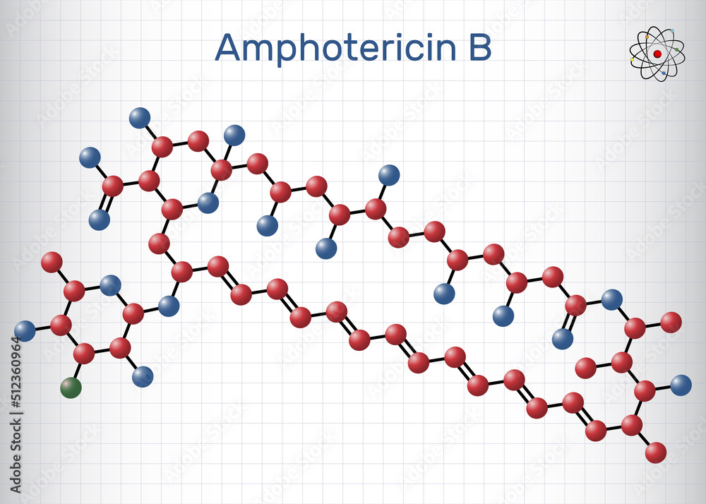 Amphotericin B molecule. It is antifungal used to treat fungal infections. Molecule model. Sheet of paper in a cage