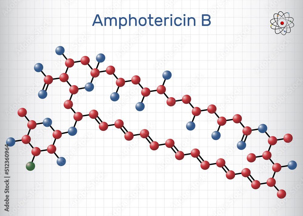 Amphotericin B molecule. It is antifungal used to treat fungal infections. Molecule model. Sheet of paper in a cage Amphotericin B molecule. It is antifungal used to treat fungal infections. Molecule model. Sheet of paper in a cage