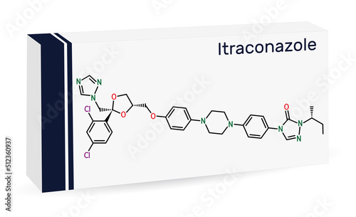 Itraconazole molecule. It is triazole antifungal drug used for the treatment of various fungal infections. Skeletal chemical formula. Paper packaging for drugs.