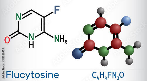 Flucytosine, 5-fluorocytosine, 5-FC molecule. It is an antifungal  medicine  used to treat severe infections caused by Candida and Cryptococcus. Structural chemical formula, molecule model. photo