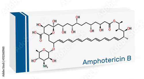 Amphotericin B molecule. It is antifungal used to treat fungal infections. Skeletal chemical formula. Paper packaging for drugs
