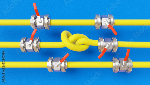 Canvas Print 3D render of pipelines with valves, the middle one having a knot in it