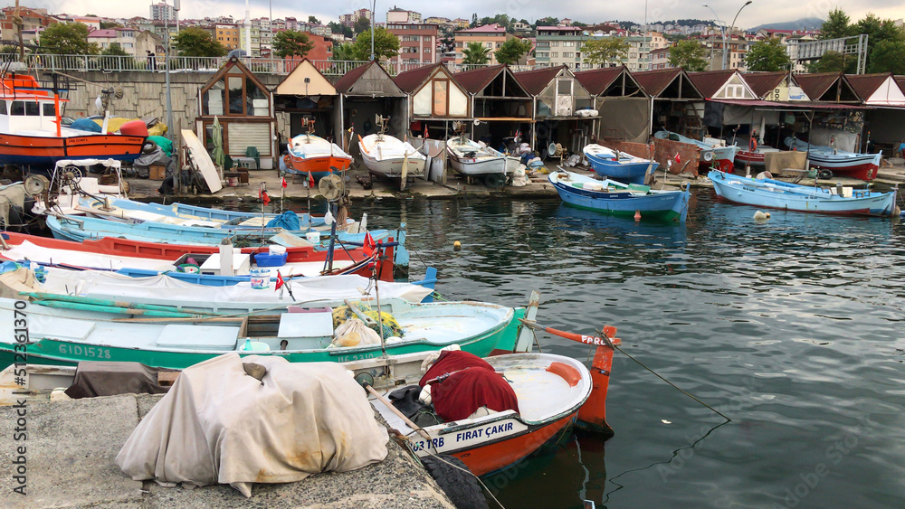 custom made wallpaper toronto digitalTrabzon, Turkey - August 28 2020: Fishing Boats, Fish Nets. Faroz fisher shelters (AKA Trabzon Balıkçı Barınakları). 