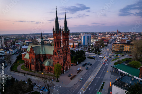 Sunset at Tarnow. View over Church Towers. Drone Aerial Photo