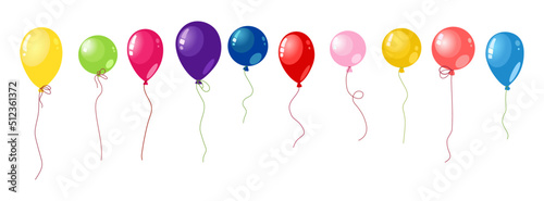 Balloon in cartoon style. Set of balloons for birthday and party. Flying balloon with rope. Blue, red, yellow, pink and green ball isolated on white background. Vector illustration.