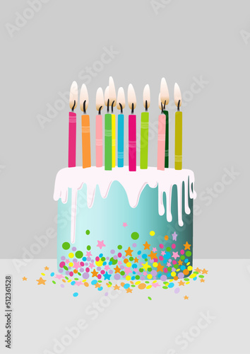 Colorful birthday cake with sprinkles and eleven candles on a gray background.