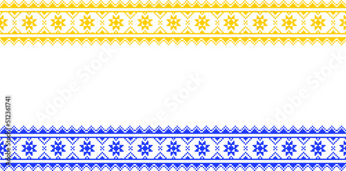 Embroidered Ukrainian ornament in national colors on a white background. Ukrainian flag. Ukrainian embroidery. Geometric patterns on a white background