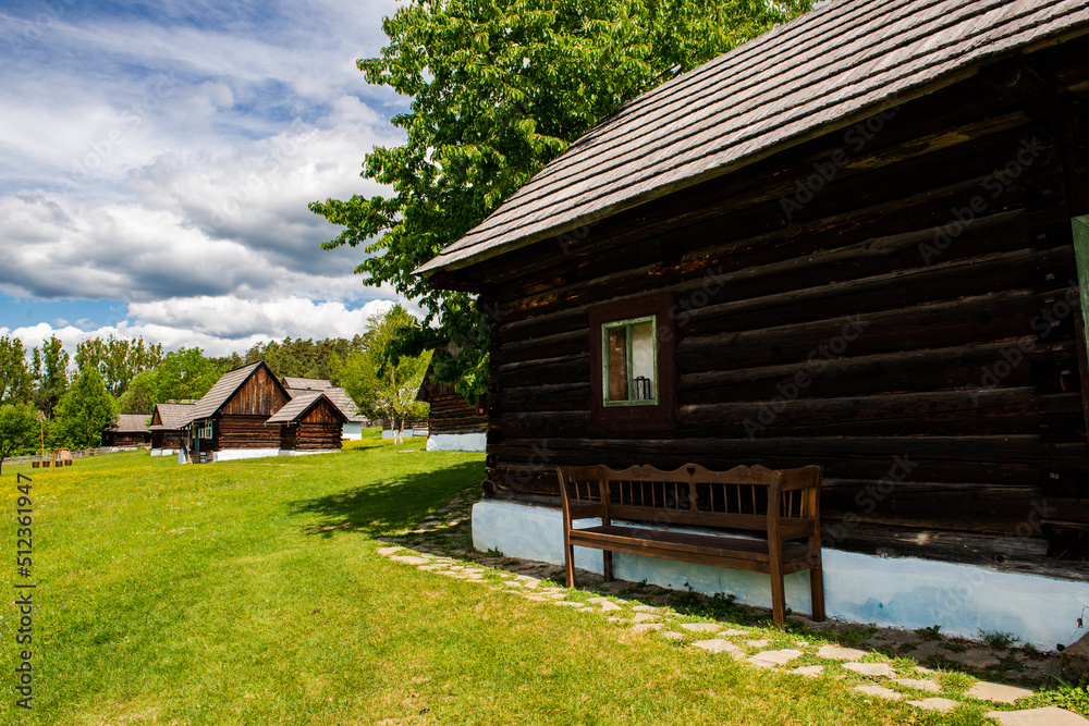 Fototapeta premium Open Air Village Museum in Stara Lubovna Castle, Slovak Republic. Wooden Traditional Houses