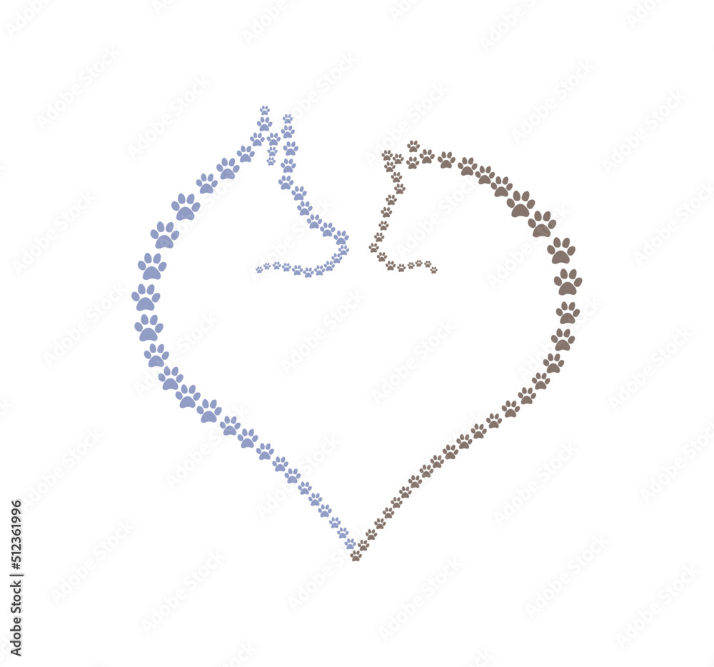 Dog and cat logo. Pets footprints in heart shape. Dog and cat logo. Pets footprints in heart shape.