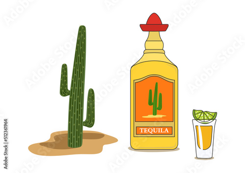 Tequila vector bottle and shot of tequila with lime on a white background. Cactus, sombrero, sand. Yellow, red, green