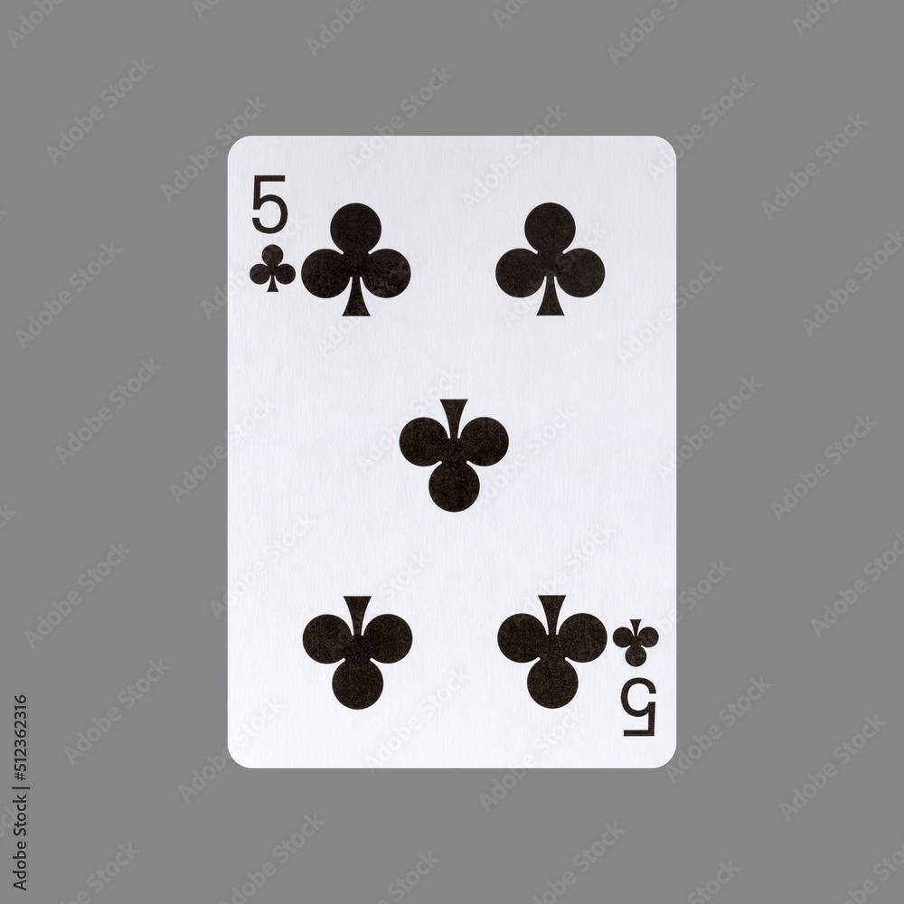 Five of Clubs. Isolated on a gray background. Gamble. Playing cards. Five of Clubs. Isolated on a gray background. Gamble. Playing cards.