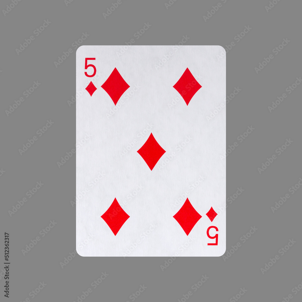 Obraz premium Five of Diamonds. Isolated on a gray background. Gamble. Playing cards
